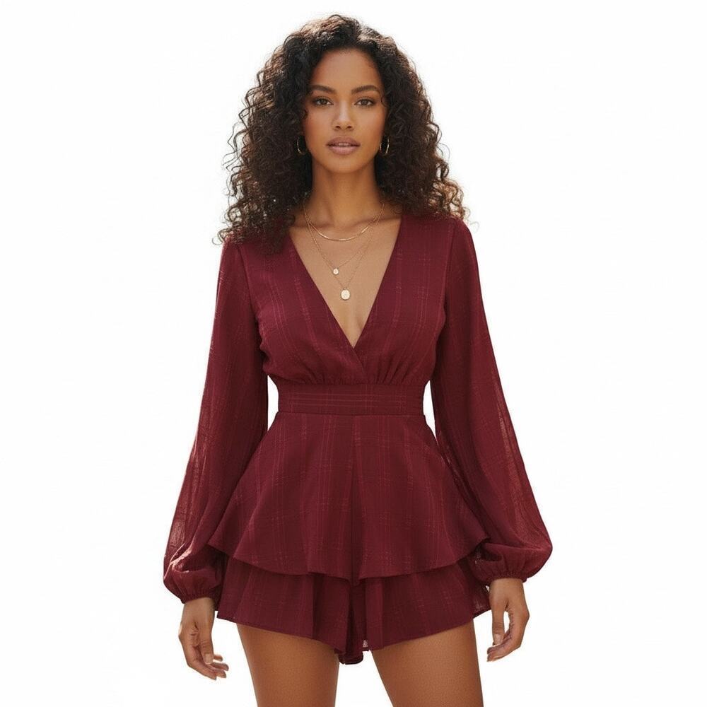 Princess Polly Burgundy Romper Long Puff Sleeves Ruffle Bottom 6 Sexy Holiday